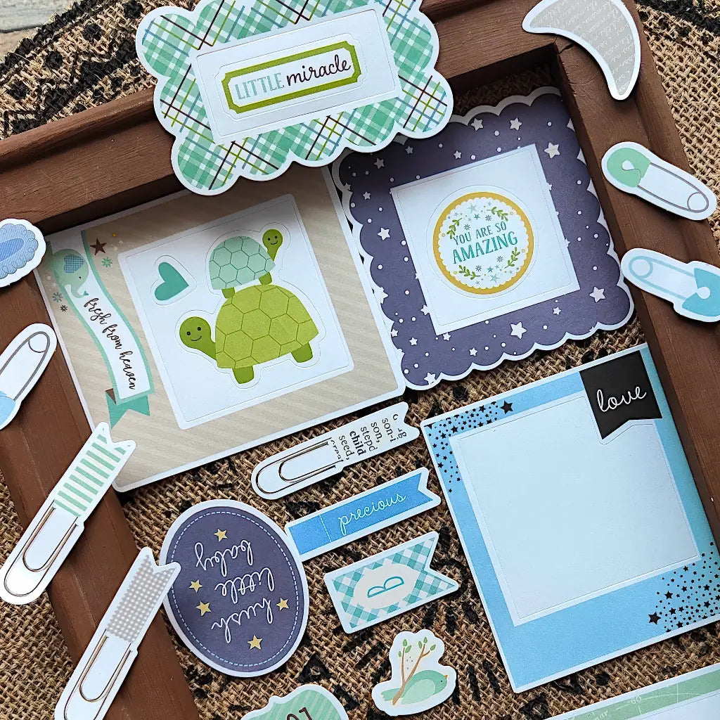 Autocollants bébé scrapbooking de tortues, palette douce bleu et gris pour faire-part et album