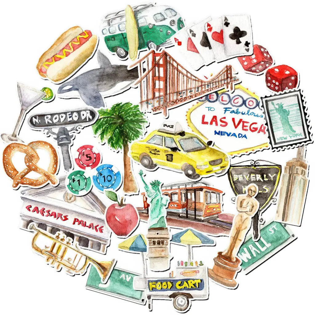 Stickers scrapbooking USA aquarelle : Golden Gate, Statue de la Liberté, taxi new-yorkais et néons de Las Vegas