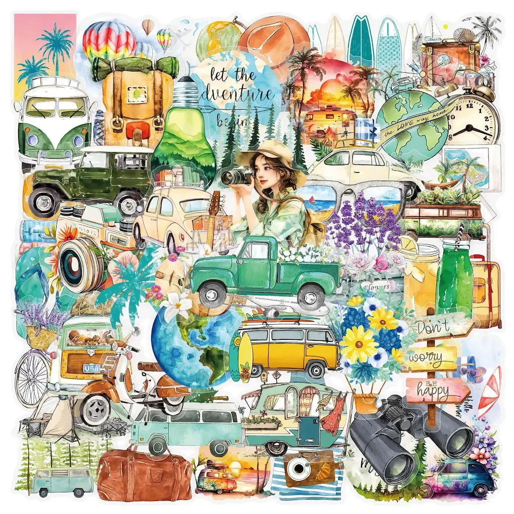 Stickers vacances scrapbooking aquarelle : combis VW, voitures rétro, montgolfières, avion, palmiers