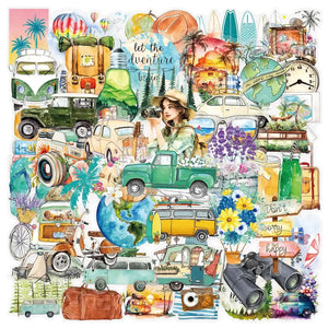 Stickers vacances scrapbooking aquarelle : combis VW, voitures rétro, montgolfières, avion, palmiers