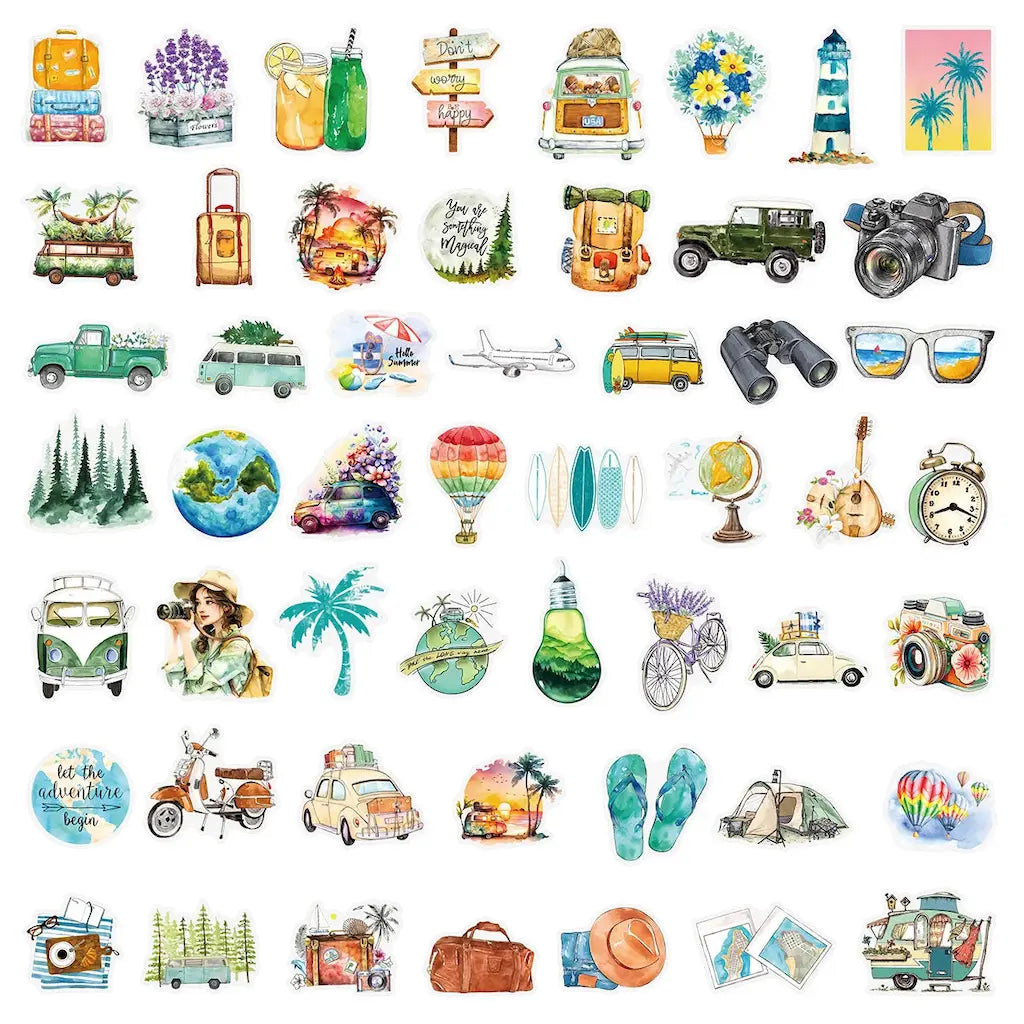 Collection 50 stickers vacances scrapbooking aquarelle alignés : vanlife, voyage, plage et nature