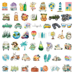 Collection 50 stickers vacances scrapbooking aquarelle alignés : vanlife, voyage, plage et nature