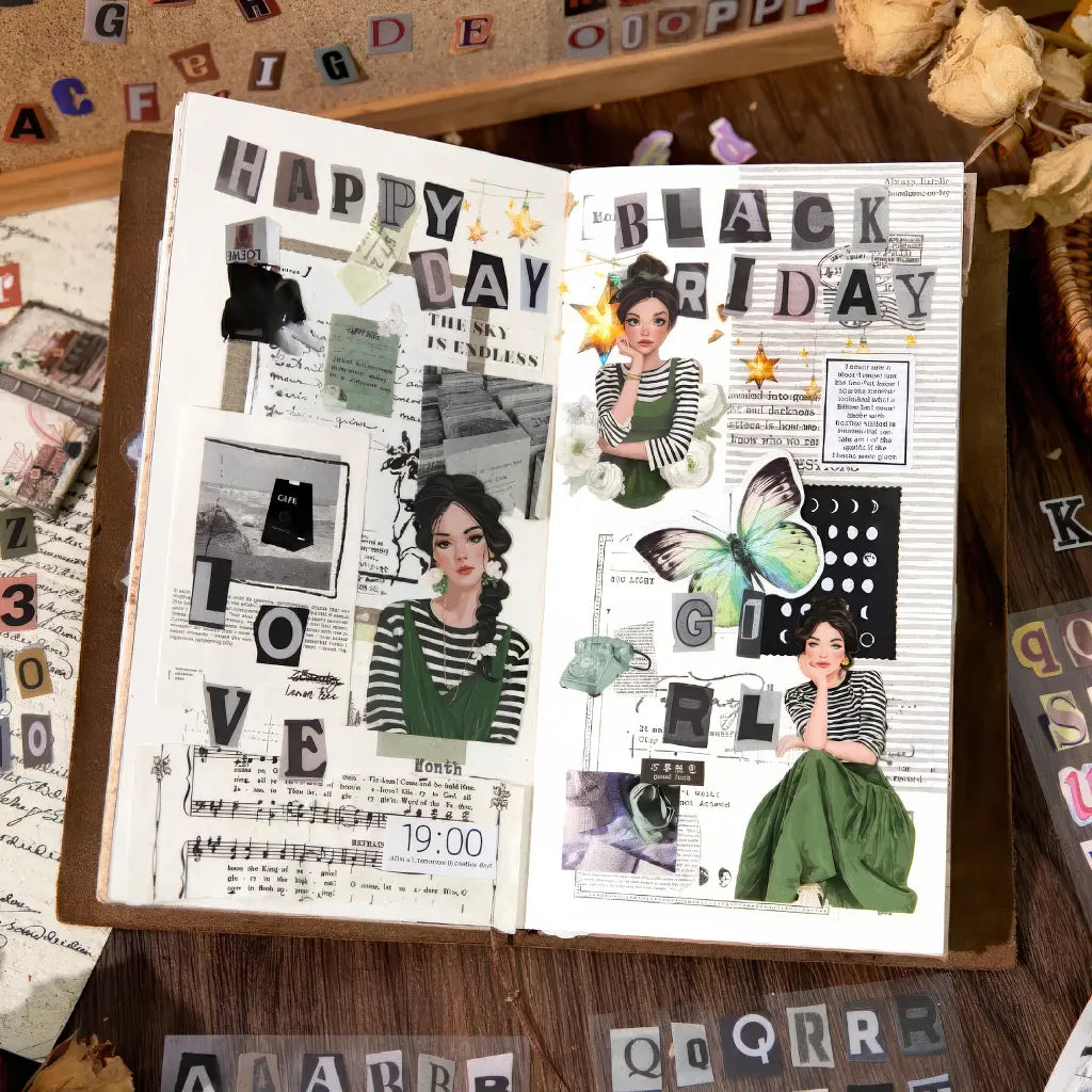 Album de scrapbooking rempli de stickers vintage : timbres, sceaux et illustrations rétro