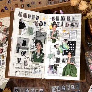 Album de scrapbooking rempli de stickers vintage : timbres, sceaux et illustrations rétro
