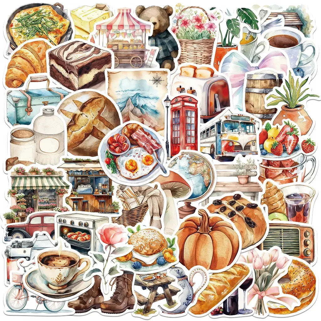 Stickers voyage scrapbooking, sélection aquarelle : cafés, monuments, transports et nature