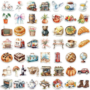Collection complète stickers voyage scrapbooking, 49 motifs aquarelle alignés