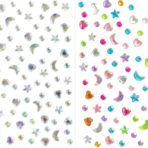 Détail des 2 planches strass scrapbooking : nacré pastel et multicolore vif (rose, bleu, vert)
