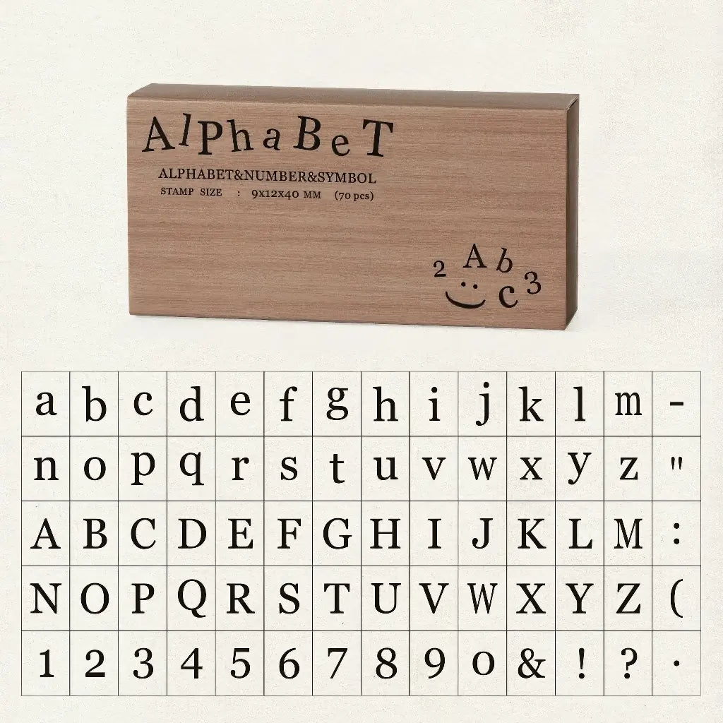 Tampon alphabet scrapbooking, police à empattements, coffret bois
