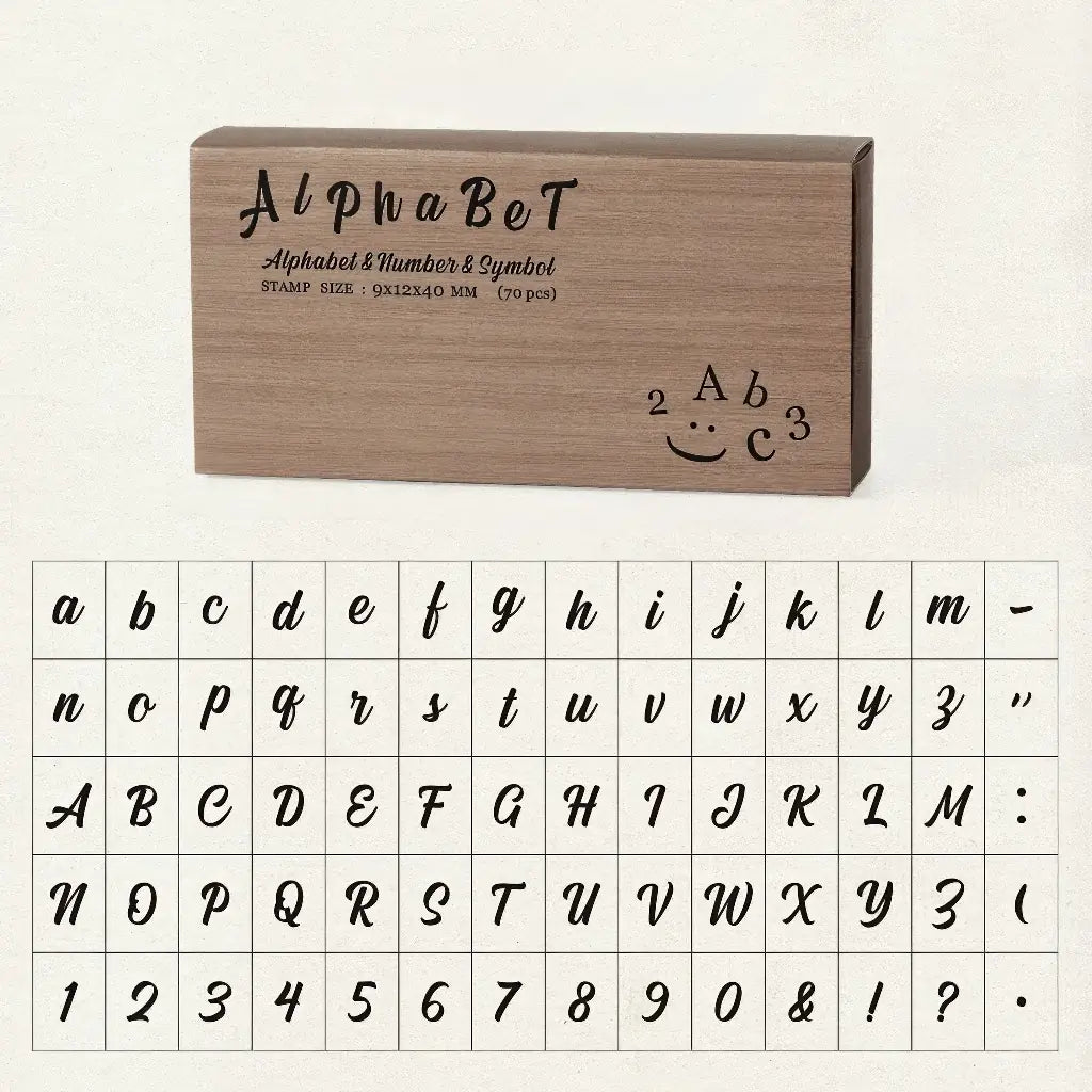 Tampon alphabet scrapbooking, police cursive, coffret bois