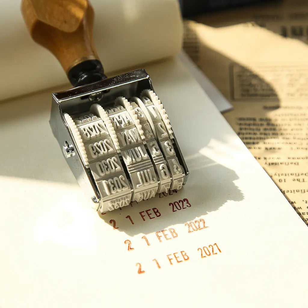 Gros plan du tampon dateur scrapbooking bois, impression de dates 21 FEB en encre brune