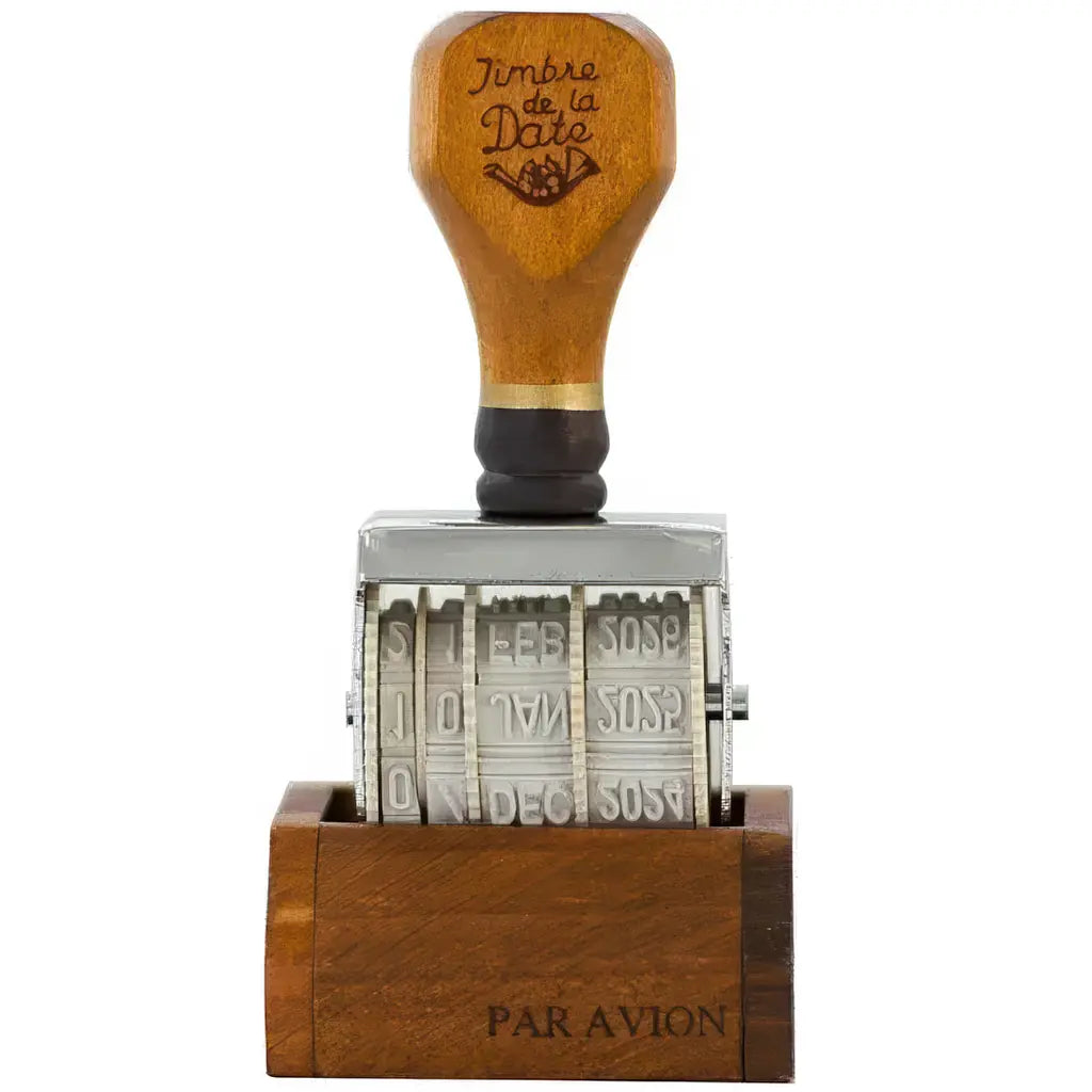 Tampon dateur scrapbooking finition bois naturel, manche Timbre de la Date et socle Par Avion