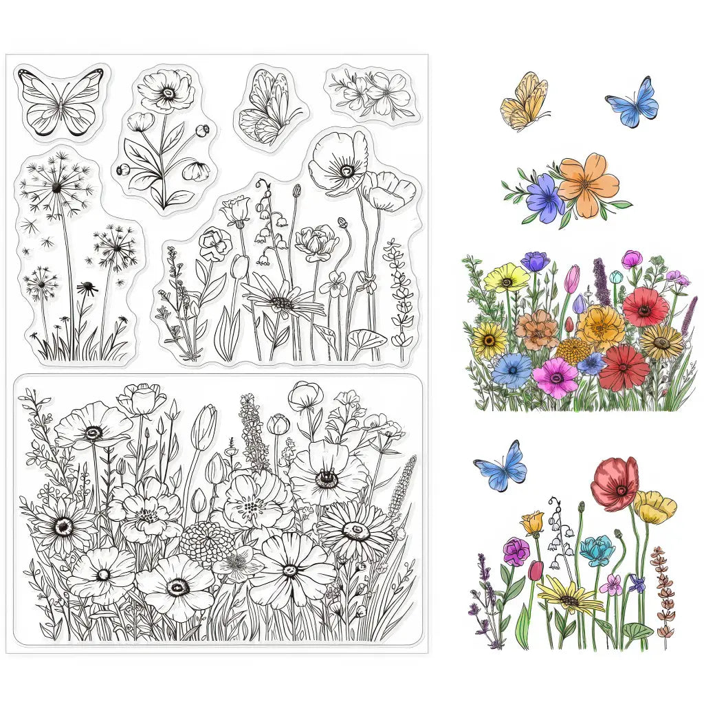 Planche de tampons Étiquette scrapbooking en silicone : prairie de fleurs sauvages