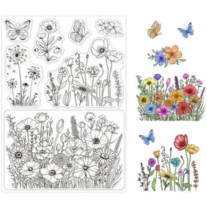 Planche de tampons Étiquette scrapbooking en silicone : prairie de fleurs sauvages