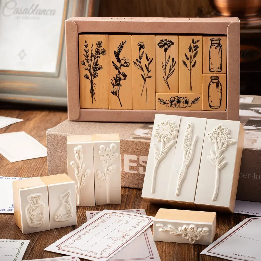 Tampon Fleur de Lotus scrapbooking, coffret de tampons botaniques en bois