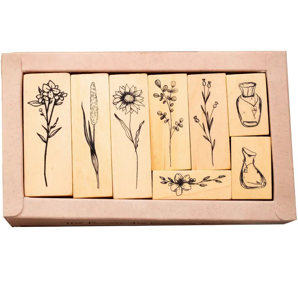 Tampon Fleur de Lotus scrapbooking, coffret fleurs et vase en bois