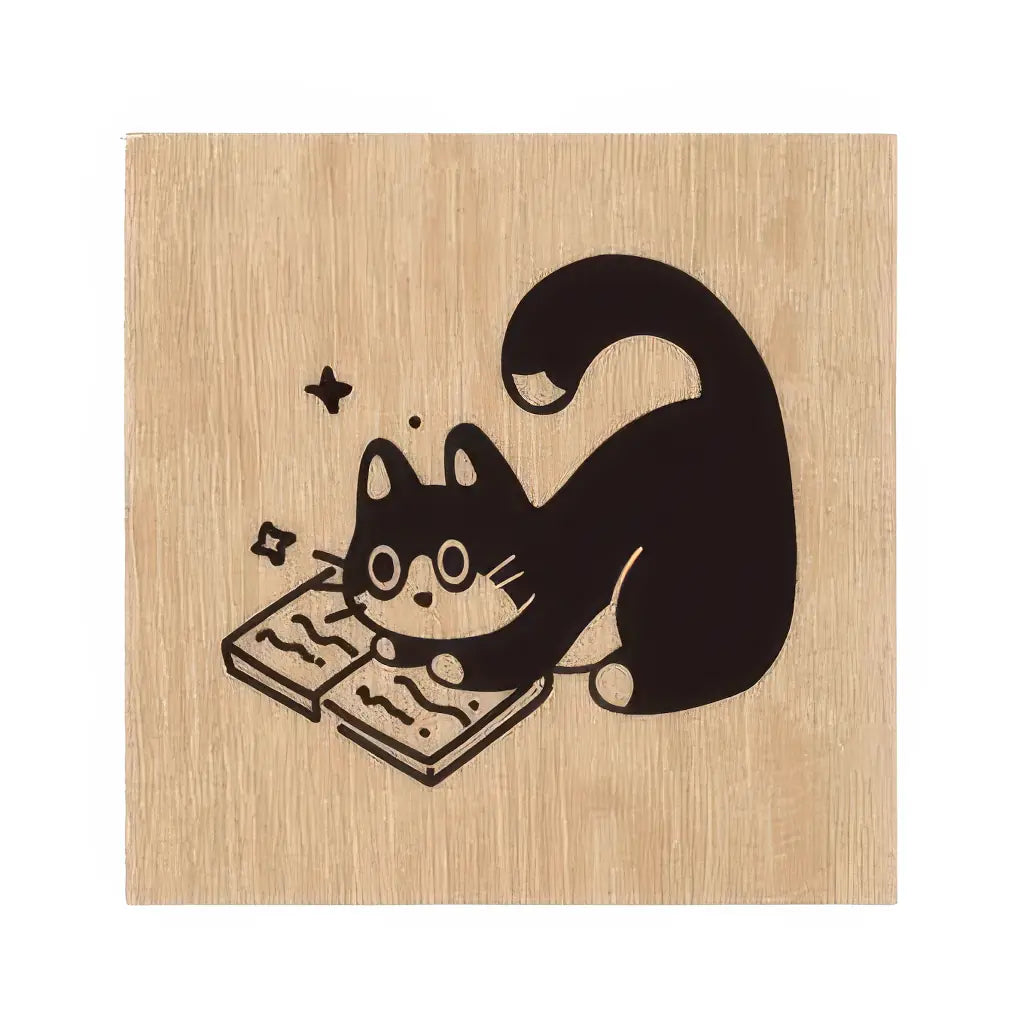 Tampon scrapbooking Animaux, chat noir penché sur un livre