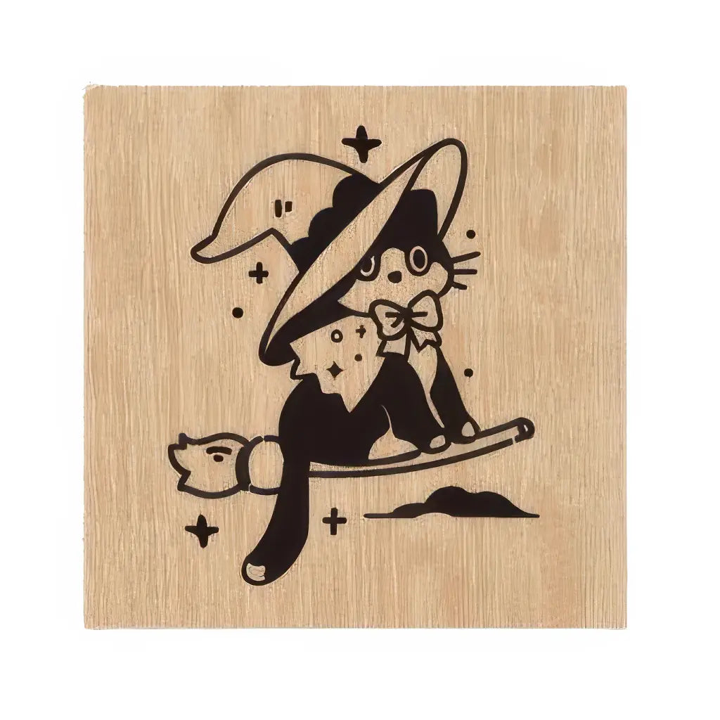 Tampon scrapbooking Animaux, chat noir sur un balai de sorcière