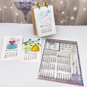 Tampon scrapbooking Calendrier Français, planche et calendriers mensuels imprimés sur cartes