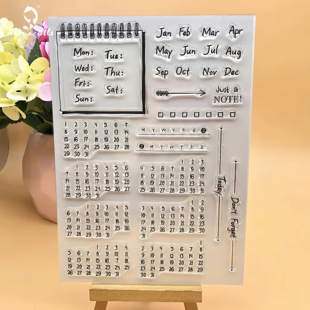 Tampon scrapbooking Calendrier Français, planche transparente jours, mois et chiffres