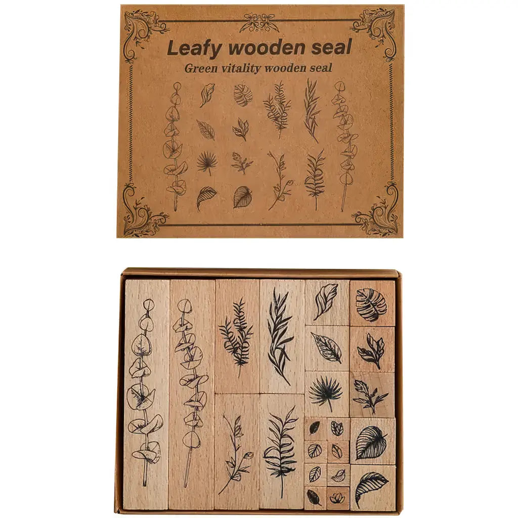 Tampon scrapbooking Fleur, coffret feuillages en bois (branches et feuilles)