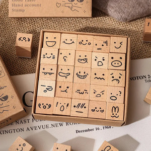 Tampon scrapbooking Heureux, coffret d'émoticônes en bois ouvert