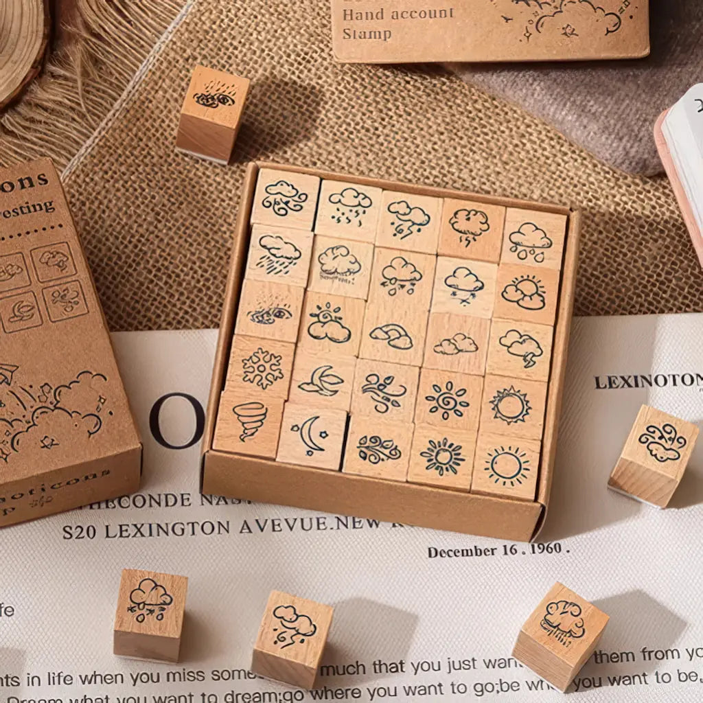 Tampon scrapbooking Heureux, coffret météo en bois