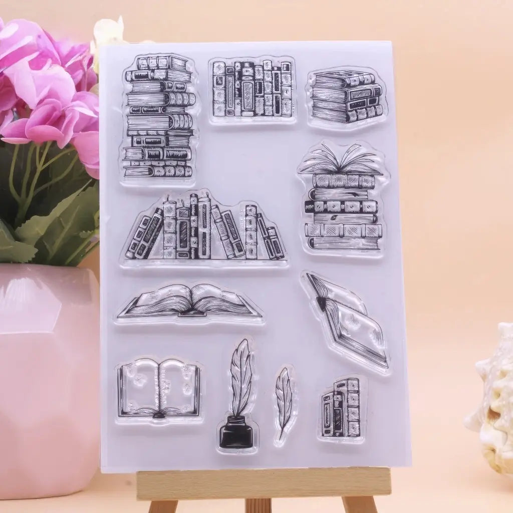 Planche de tampons Livre scrapbooking en silicone, motifs bibliothèque : piles de livres, étagères, encrier, plume