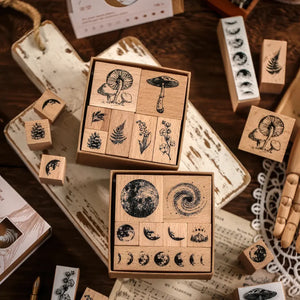 Tampon scrapbooking Nature, coffrets phases de lune et herbier en bois
