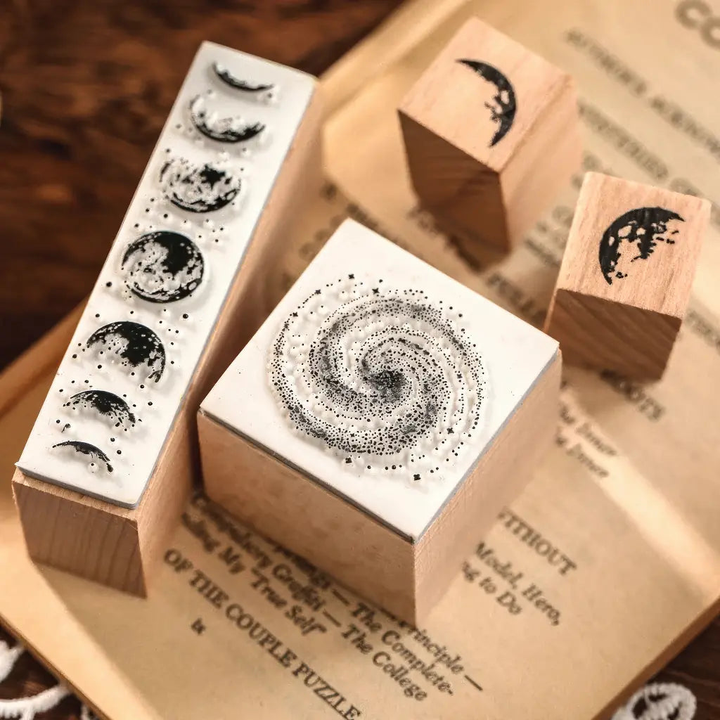 Tampon scrapbooking Nature, tampons phases de lune et galaxie en bois