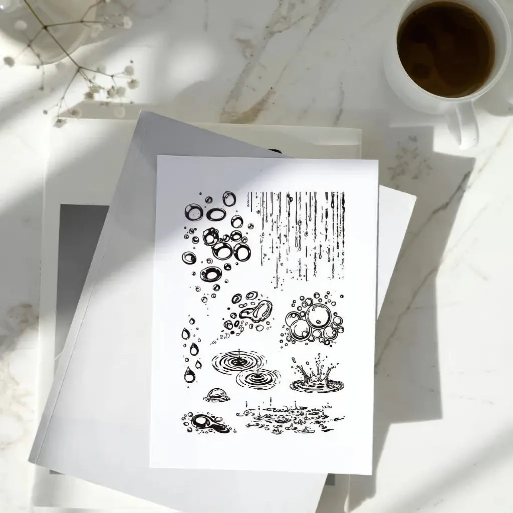 Empreintes du tampon Nuage et Pluie scrapbooking : pluie, gouttes et flaques sur papier blanc
