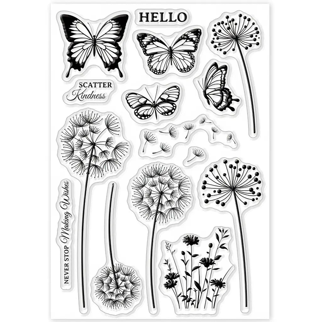 Planche de tampons Printemps scrapbooking en silicone : pissenlits et papillons