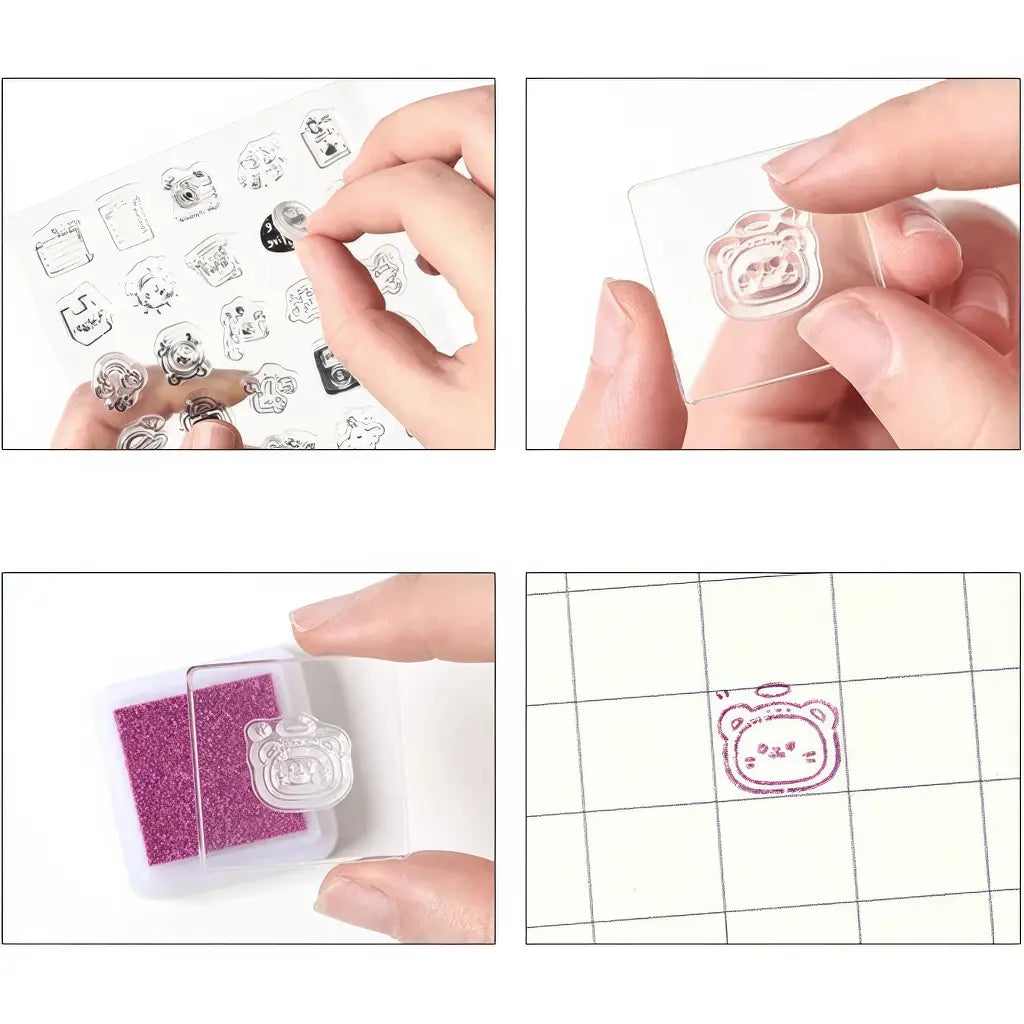 Tampon silicone scrapbooking, mise en place du motif sur bloc et empreinte encrée