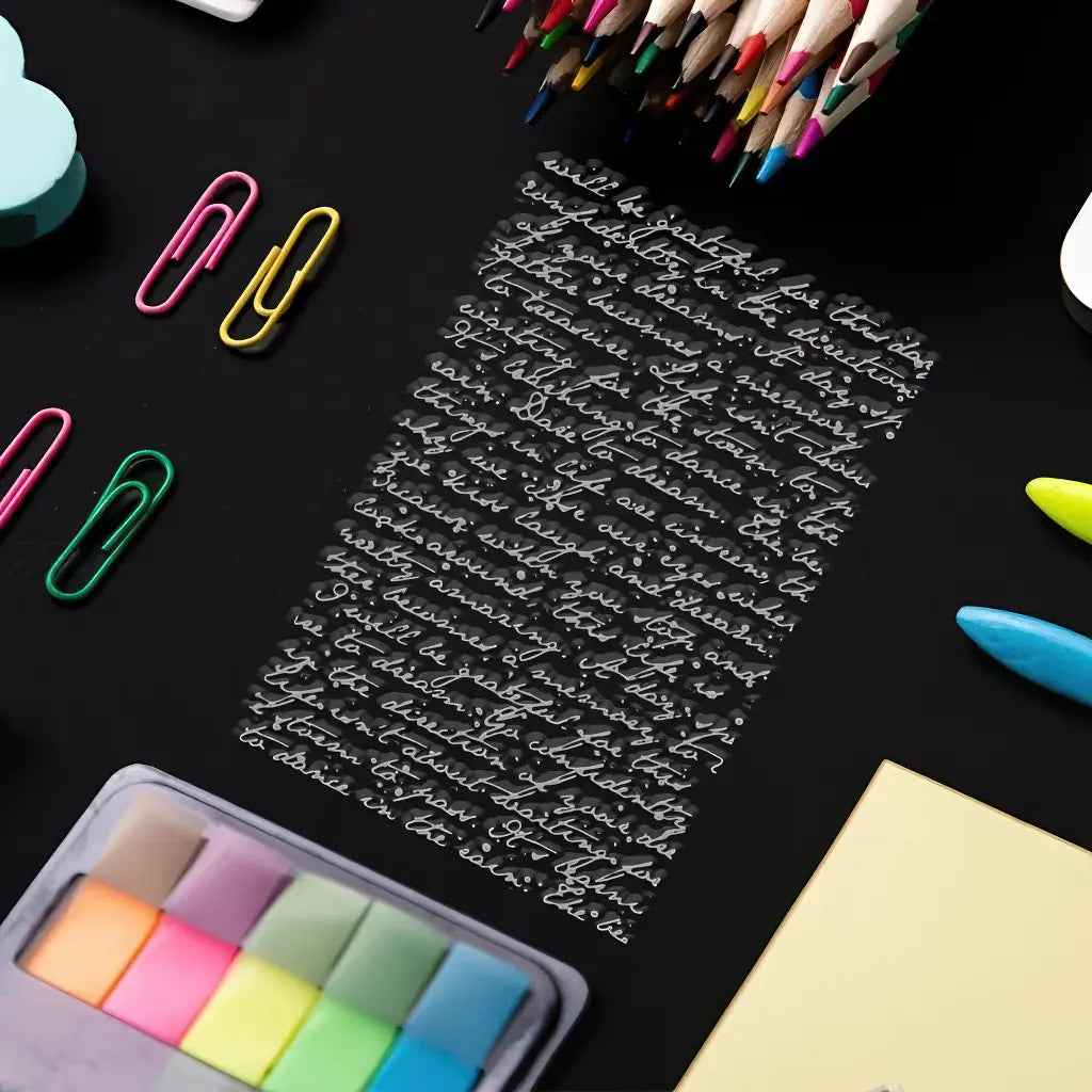 Tampon texte scrapbooking posé sur un bureau avec trombones, crayons et notes colorées