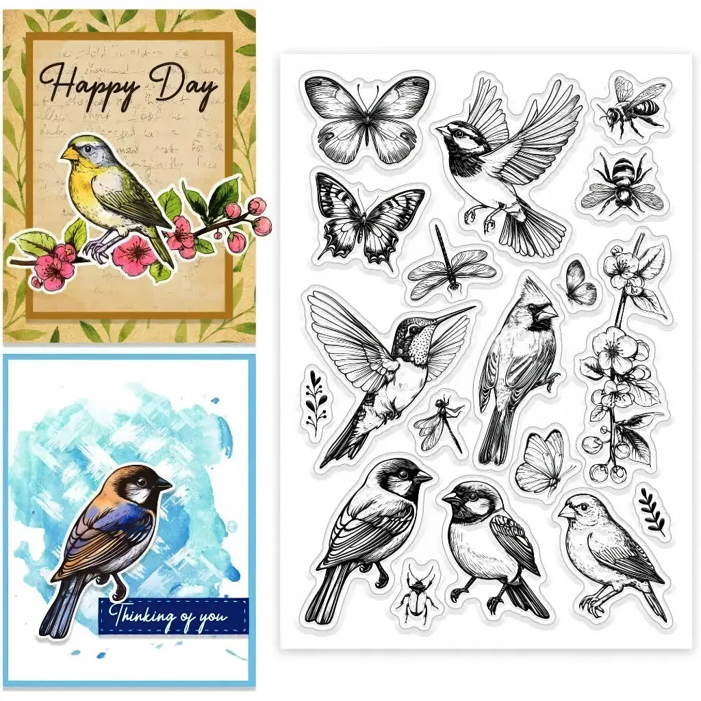 Tampons oiseaux scrapbooking, planche transparente oiseaux et papillons