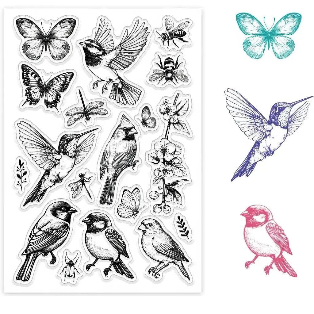 Tampons oiseaux scrapbooking, planche transparente oiseaux, papillons et insectes