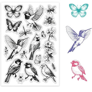 Tampons oiseaux scrapbooking, planche transparente oiseaux, papillons et insectes
