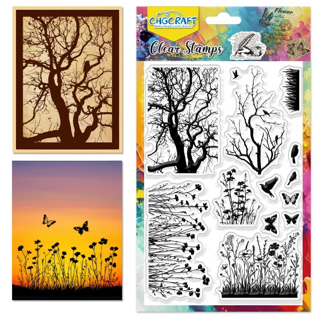 Tampons oiseaux scrapbooking, planche transparente arbres et silhouettes