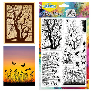 Tampons oiseaux scrapbooking, planche transparente arbres et silhouettes