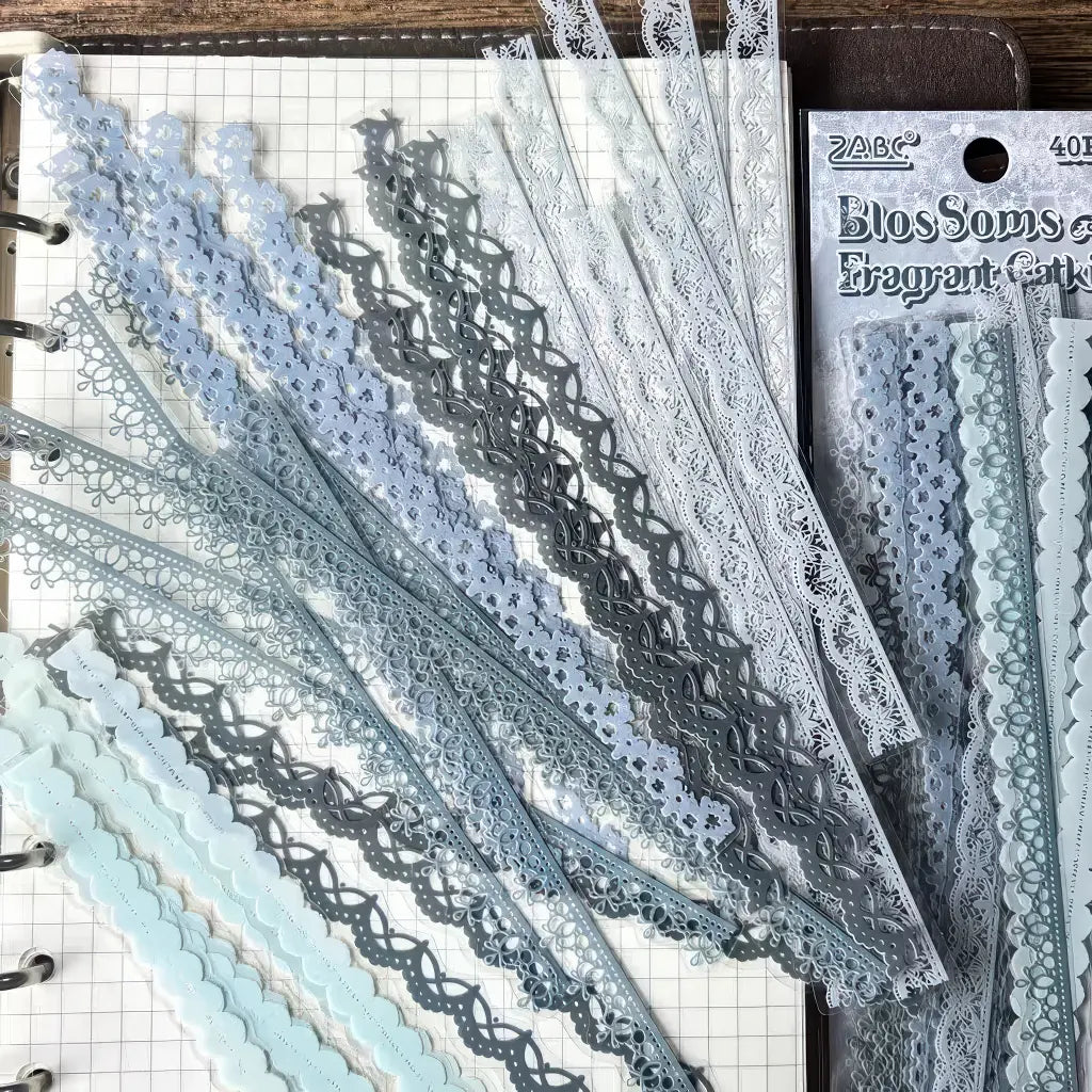 Détail des bordures de dentelle autocollantes effet couture pour scrapbooking